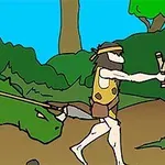 Două personaje preistorice, unul călare pe un dinozaur și celălalt mergând cu o praștie, într-un peisaj verde