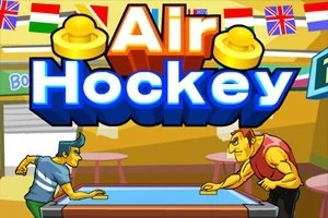 Doi jucători animați joacă air hockey la o masă, cu steaguri internaționale deasupra și un titlu deasupra scenei