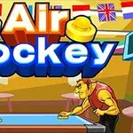 Doi jucători animați joacă air hockey la o masă, cu steaguri internaționale deasupra și un titlu deasupra scenei