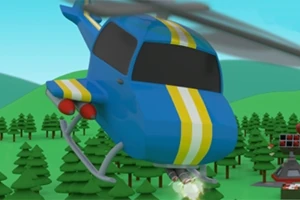 Elicopter albastru cu dungi galbene zboară deasupra unei păduri verzi