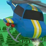 Elicopter albastru cu dungi galbene zboară deasupra unei păduri verzi
