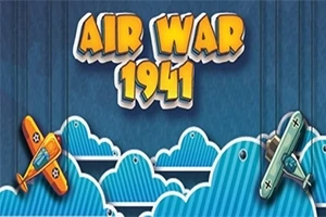 Inscripție „Air War 1941” pe un fundal albastru cu două avioane colorate și nori stilizați