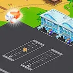 Ilustrație colorată cu un aeroport mic, cu piste, terminale și un avion portocaliu în zbor