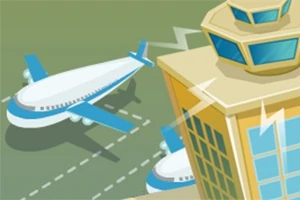 Turn control tower și două avioane pe pista aeroportului într-un stil grafic animat