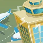 Turn control tower și două avioane pe pista aeroportului într-un stil grafic animat