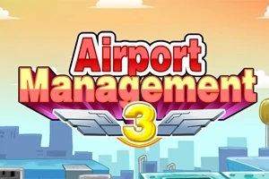Textul Airport Management 3 cu un fundal de oraș stilizat și cer senin