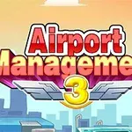 Textul Airport Management 3 cu un fundal de oraș stilizat și cer senin