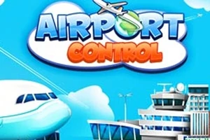 Un avion și un turn de control al aeroportului pe un fundal albastru cu nori și text colorat