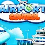 Un avion și un turn de control al aeroportului pe un fundal albastru cu nori și text colorat