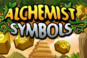 Textul „Alchemist Symbols” este prezentat într-un stil decorativ cu elemente grafice de plante, monede aurii și un templu în fundal