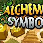 Textul „Alchemist Symbols” este prezentat într-un stil decorativ cu elemente grafice de plante, monede aurii și un templu în fundal