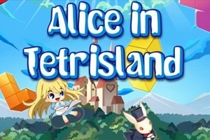 Fată blondă și iepure cu pălărie de cilindru în fața unui castel, înconjurați de piese de puzzle colorate pe cerul albastru