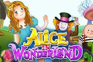Personaje animate, inclusiv o fată blondă în rochie albastră și un bărbat cu pălărie cilindrică, pe un fundal de basm, alături de textul Alice in Wonderland