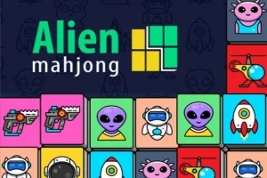 Design colorat cu creaturi extraterestre, rachete și un robot, pe un fundal întunecat, cu titlul Alien Mahjong sus
