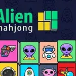 Design colorat cu creaturi extraterestre, rachete și un robot, pe un fundal întunecat, cu titlul Alien Mahjong sus