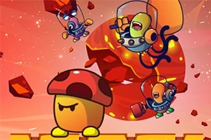 Personaje animate zburătoare alături de o ciupercă desenată cu expresie serioasă, pe un fundal cosmic