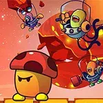 Personaje animate zburătoare alături de o ciupercă desenată cu expresie serioasă, pe un fundal cosmic
