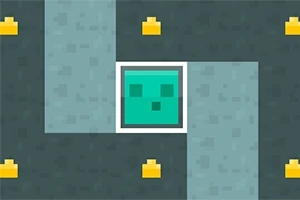 Imaginea prezintă un personaj verde de tip pixelat încadrat, pe un fundal albastru închis cu modele și obiecte galbene mici amplasate în jur