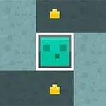 Imaginea prezintă un personaj verde de tip pixelat încadrat, pe un fundal albastru închis cu modele și obiecte galbene mici amplasate în jur