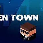 Un extraterestru verde și un personaj în costum cu ochelari de soare, cu un text mare ALIEN TOWN și o navă spațială pe un fundal albastru
