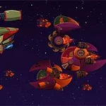 Nave spațiale colorate și un pilot cu creastă roșie într-un fundal stelar