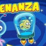 Două personaje extraterestre simpatice, un extraterestru mov și un pește într-un glob protector, pe un fundal albastru cu stele și textul ALIENANZA deasupra