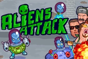 Extraterestru agresiv în costum robotic alături de alte personaje și o explozie, pe un fundal urban, cu textul Aliens Attack deasupra