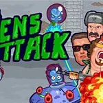 Extraterestru agresiv în costum robotic alături de alte personaje și o explozie, pe un fundal urban, cu textul Aliens Attack deasupra