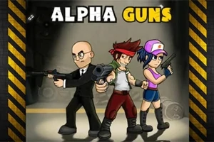 Trei personaje stilizate sunt prezentate cu arme în mână, pe un fundal întunecat, cu textul Alpha Guns deasupra