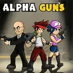 Trei personaje stilizate sunt prezentate cu arme în mână, pe un fundal întunecat, cu textul Alpha Guns deasupra