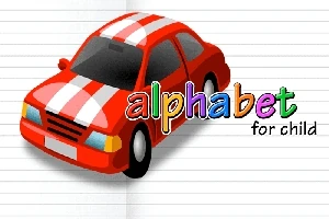 Mașină roșie cu dungi albe pe un fundal de caiet cu text colorat alphabet for child