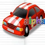 Mașină roșie cu dungi albe pe un fundal de caiet cu text colorat alphabet for child