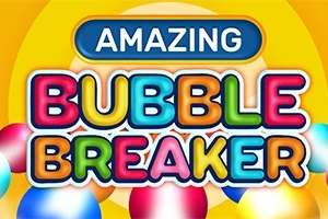 Text colorat cu cuvintele Amazing Bubble Breaker pe un fundal galben, înconjurat de bile colorate