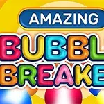 Text colorat cu cuvintele Amazing Bubble Breaker pe un fundal galben, înconjurat de bile colorate