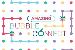 Text colorat pe un fundal alb cu puncte și linii conectate în diverse culori, cu cuvintele „Amazing Bubble Connect” în centru
