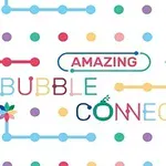 Text colorat pe un fundal alb cu puncte și linii conectate în diverse culori, cu cuvintele „Amazing Bubble Connect” în centru