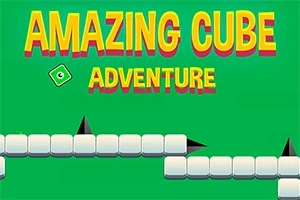 Textul Amazing Cube Adventure pe un fundal verde cu cuburi albe și obstacole negre sub formă de vârfuri