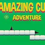 Textul Amazing Cube Adventure pe un fundal verde cu cuburi albe și obstacole negre sub formă de vârfuri