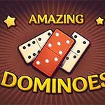 În imagine sunt prezentate piese de domino în centrul unei scene decorate cu stele galbene, alături de textul Amazing Dominoes