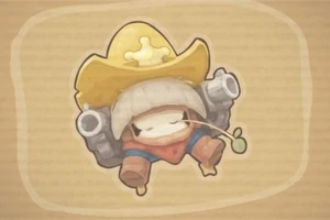 Un personaj animat purtând o pălărie galbenă de cowboy și o eșarfă roșie, cu pistoale pe umăr și un fir de iarbă în gură, pe un fundal bej