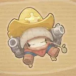 Un personaj animat purtând o pălărie galbenă de cowboy și o eșarfă roșie, cu pistoale pe umăr și un fir de iarbă în gură, pe un fundal bej