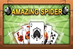 Textul Amazing Spider cu două păianjeni stilizați și un grup de cărți de joc în prim-plan, inclusiv un As de pică