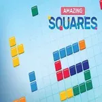 Cuvinte “Amazing Squares” pe un fundal albastru deschis, cu pătrate colorate aranjate în diverse modele