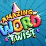 Text colorat și strălucitor cu cuvintele Amazing Word Twist pe un fundal albastru, înconjurat de blocuri cu litere