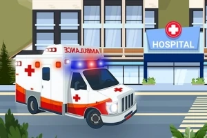 Ambulanță cu lumini aprinse în fața unui spital