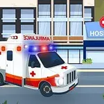 Ambulanță cu lumini aprinse în fața unui spital