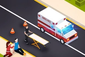 Ambulanță oprită pe o stradă lângă o scenă de accident, cu un paramedic pregătind o targă și două persoane pe marginea drumului