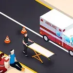 Ambulanță oprită pe o stradă lângă o scenă de accident, cu un paramedic pregătind o targă și două persoane pe marginea drumului