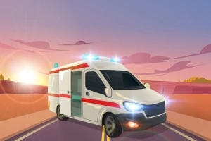 Ambulanță desenată pe un drum la apus, cu luminile albastre aprinse