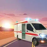 Ambulanță desenată pe un drum la apus, cu luminile albastre aprinse